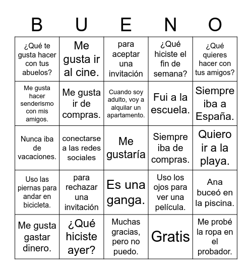 Spanish 2 U5 Test Bingo Card
