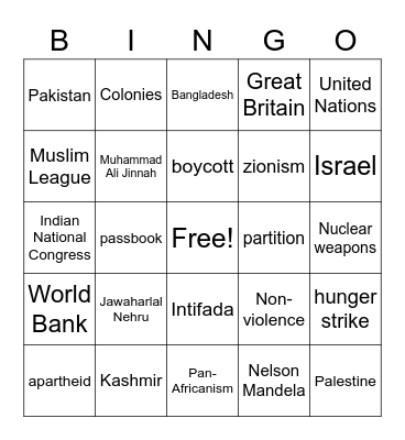 New Nations Bingo Card