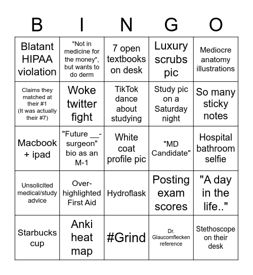 Med Student Social Media Bingo Card