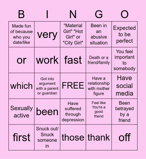 Girls Group Bingo Card