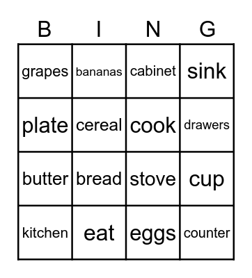 Kitchen Vocabulary Bingo Card