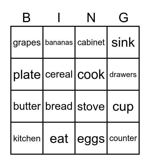 Kitchen Vocabulary Bingo Card