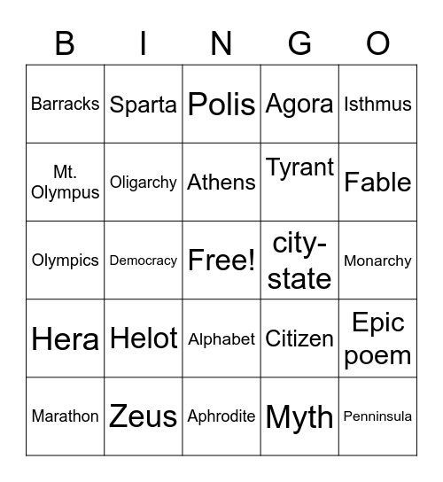 Greece Bingo Card