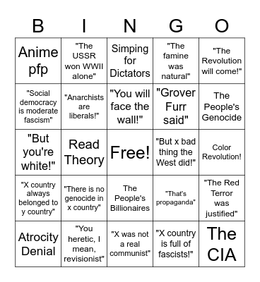 Tankie Bingo Card