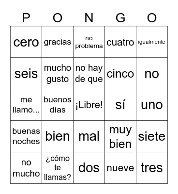 Exploratory Spanish - 6th Grade Bingo Card