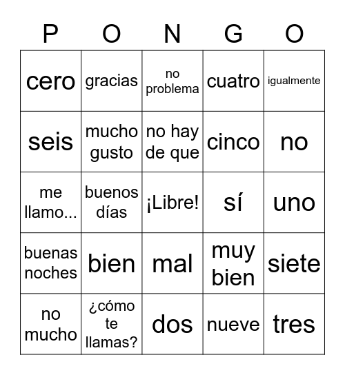 Exploratory Spanish - 6th Grade Bingo Card