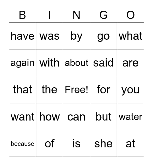 Sight Word BINGO Card