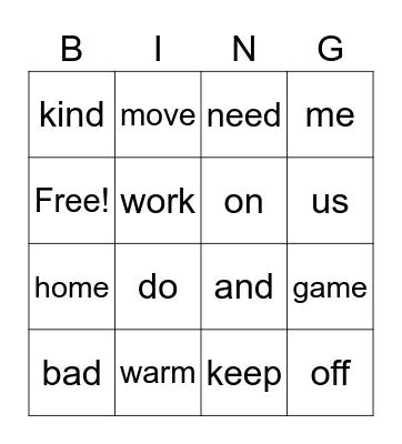 Spelling Words Bingo Card