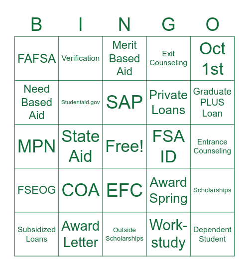 Financial Aid Bingo Card