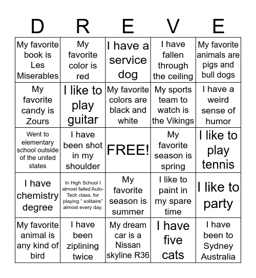 Dreve Blackout Binigo  Bingo Card