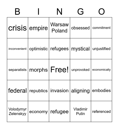 Ukraine Bingo Card