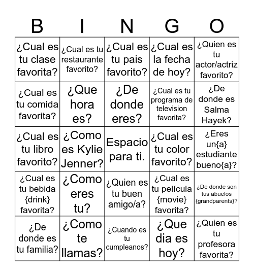 Preguntas con Ser {to be} Bingo Card