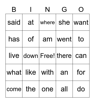 1G words bingo Card
