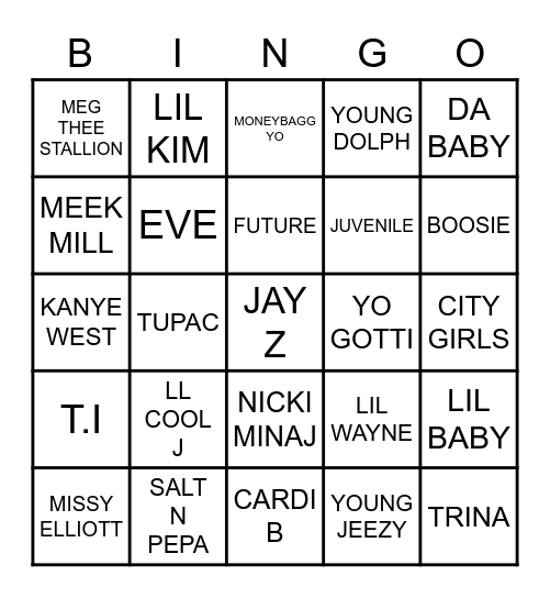 Rapper Bingo Card