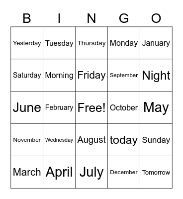 Months and Days Bingo Card