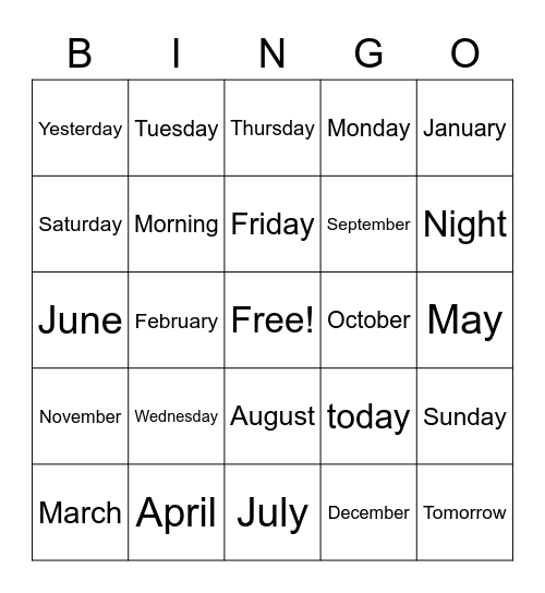 Months and Days Bingo Card