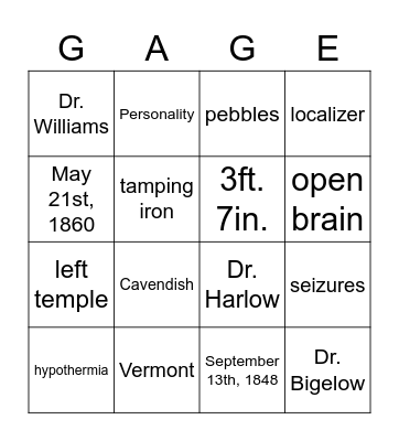 Phineas Gage Bingo Card