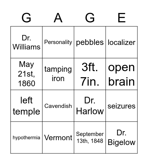 Phineas Gage Bingo Card