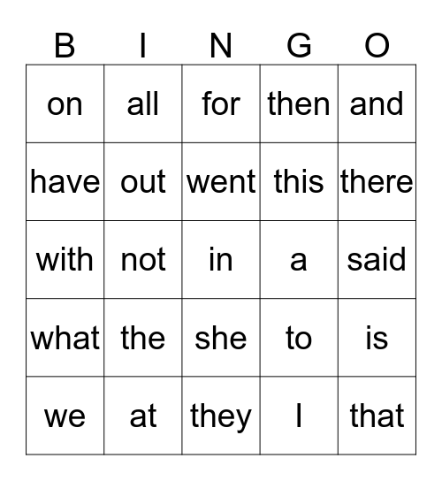 Sight Words Bingo Card