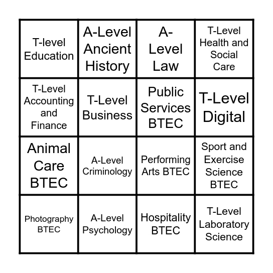 College Courses Bingo Card