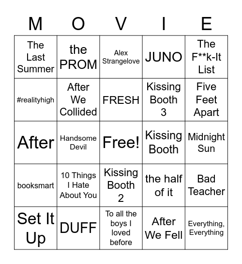 Rom Com Movie Bingo Card