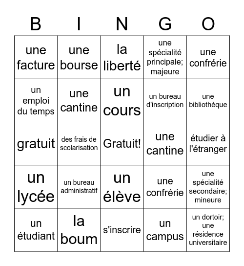 La vie universitaire = College Life Bingo Card