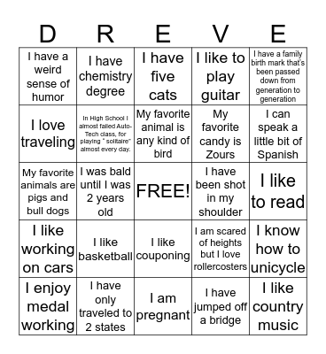 Dreve Blackout Bingo Card