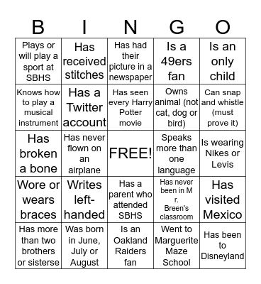 Personality Bingo Card