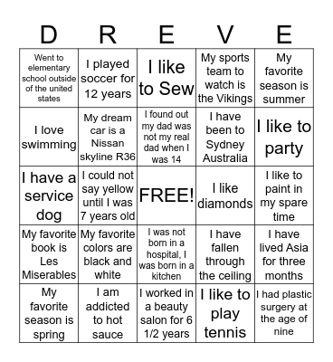 Dreve Blackout Bingo Card