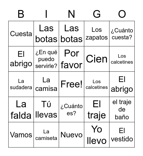 Spanish 1-7A Bingo Card