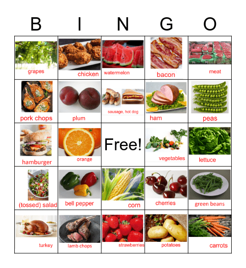 fruits, veggies and meat Bingo Card