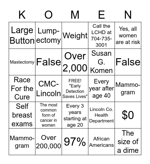 PINK WITH A PURPOSE Bingo Card