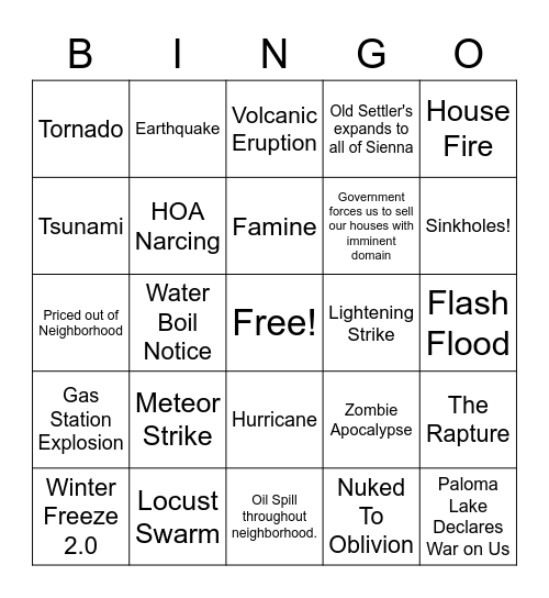 Sienna Disaster Bingo! Bingo Card