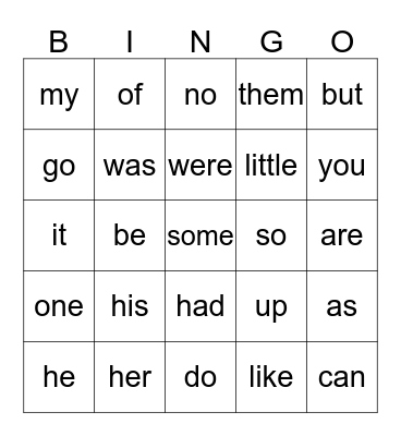 Sight Words Bingo Card