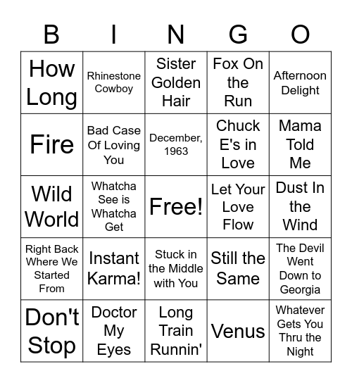 1970's #2 Bingo Card