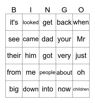 Sight Words Bingo Card