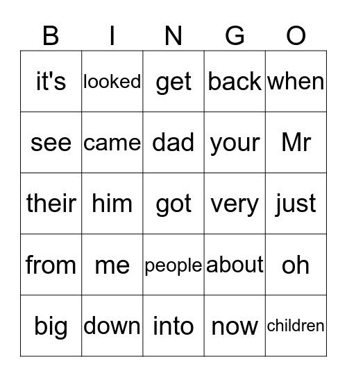 Sight Words Bingo Card