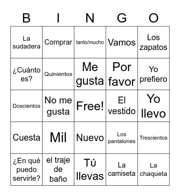 Spanish 1-7A Bingo Card