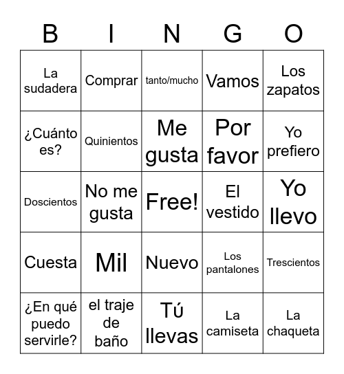 Spanish 1-7A Bingo Card