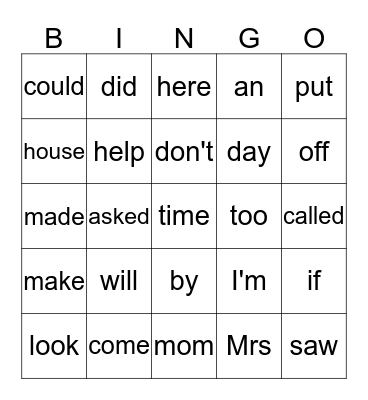 Sight Words Bingo Card
