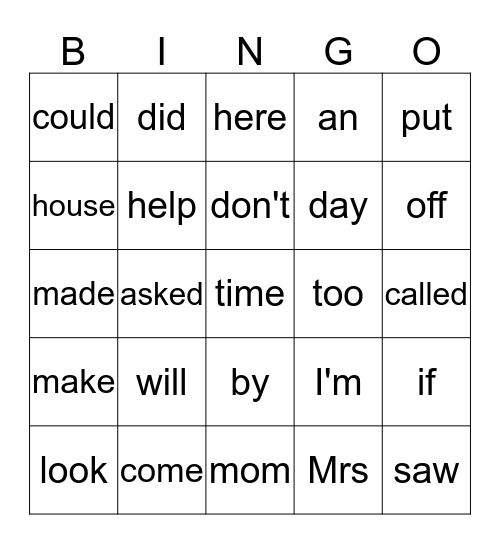 Sight Words Bingo Card