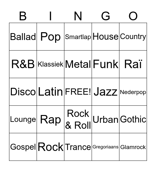 Muziekstijlen Bingo Card