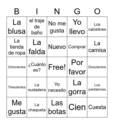 Spanish 1-7A Bingo Card