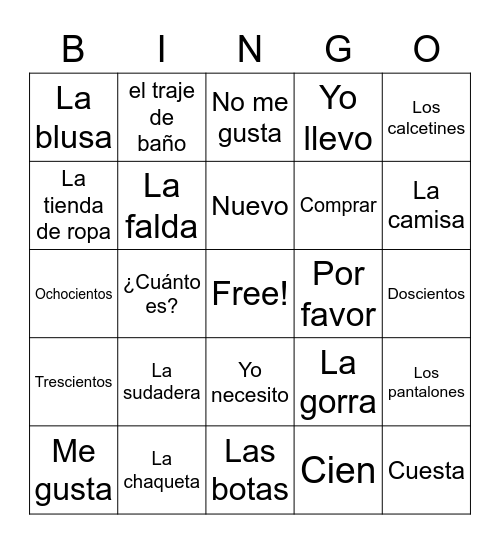 Spanish 1-7A Bingo Card