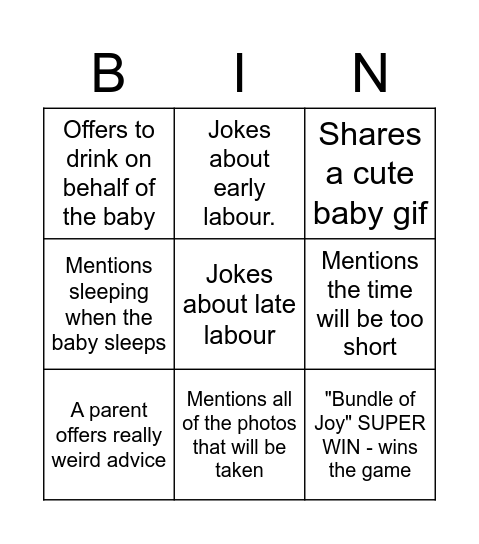 Karen's Virtual Baby Shower! Bingo Card