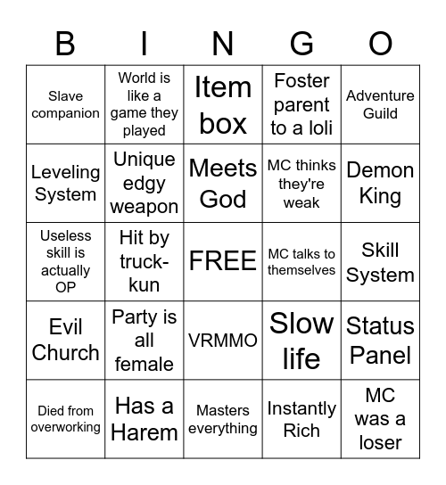 Isekai Bingo Card