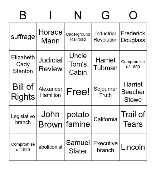 U.S. HISTORY Mid Term Review Bingo! Bingo Card