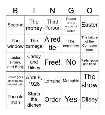 The Sound and The Fury Bingo Card