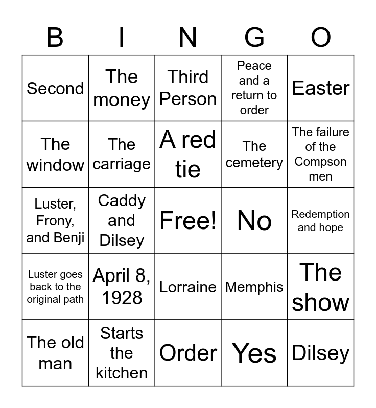 The Sound and The Fury Bingo Card