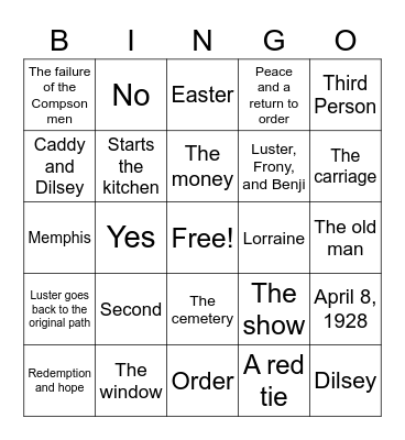 The Sound and The Fury Bingo Card